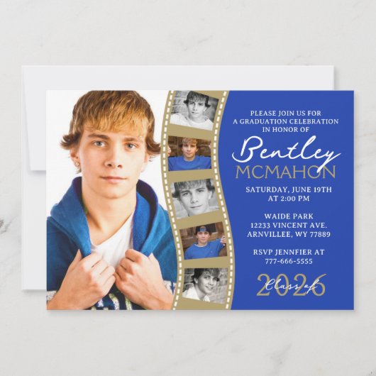 Blauw & Brons 6 Fotofilmstrip Afstuderen Collage Kaart (Voorkant)