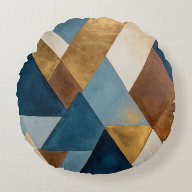 Blauw brons crème en goud geometrisch abstract rond kussen (Voorkant)