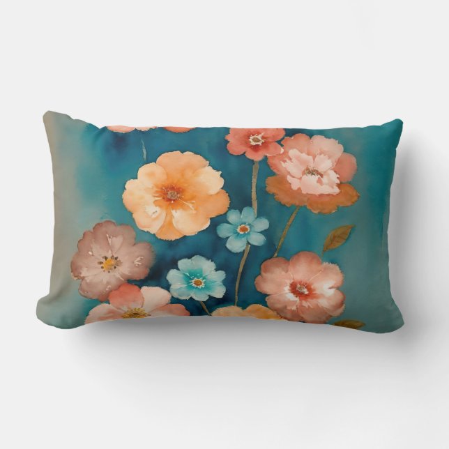 Blauw, Brons en Rust Bloemen Kussen (Voorkant)