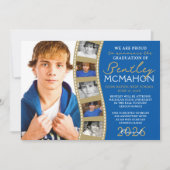 Blauw & Brons Fotofilmstrip Afstudeerder Aankondig Kaart (Voorkant)