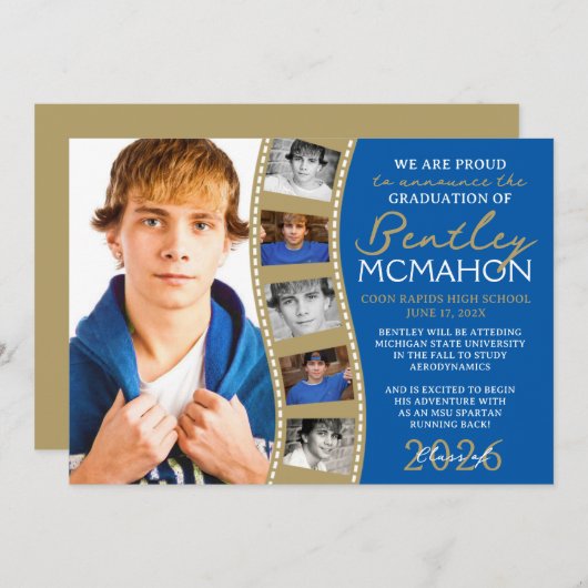 Blauw & Brons Fotofilmstrip Afstudeerder Aankondig Kaart (Voorkant / Achterkant)