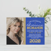 Blauw & Brons Goud Afstuderen 2 Fotoaankondiging Kaart (Staand voorkant)