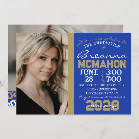 Blauw & Brons Goud Afstuderen 2 Fotouitnodiging Kaart (Voorkant / Achterkant)