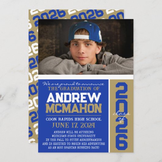 Blauw & Brons Goud Afstuderen Fotoaankondiging Kaart (Voorkant / Achterkant)
