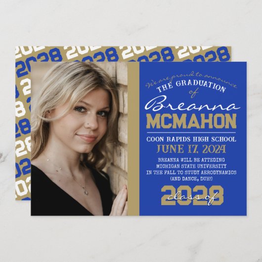 Blauw & Brons Goud Afstuderen Fotoaankondiging Kaart (Voorkant / Achterkant)