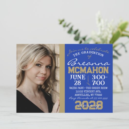 Blauw & Brons Goud Afstuderen Fotouitnodiging Kaart (Staand voorkant)