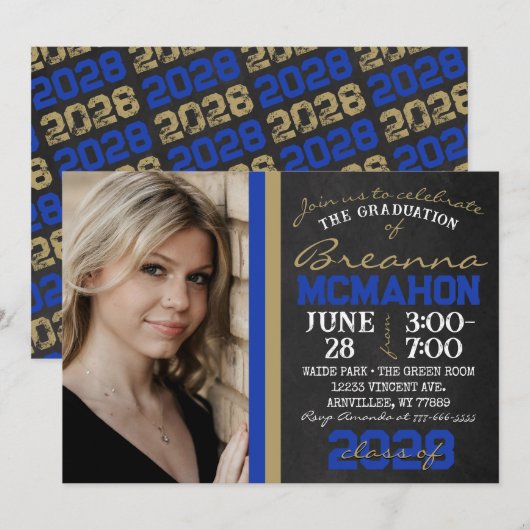 Blauw & Brons Goud Krijtbord Afstuderen Foto Kaart (Voorkant / Achterkant)