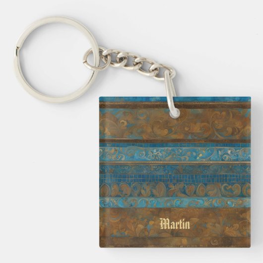 Blauw Bronzen en Gouden Grunge Strepen Sleutelhanger (Voorkant)