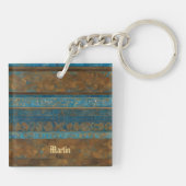 Blauw Bronzen en Gouden Grunge Strepen Sleutelhanger (Achterkant)