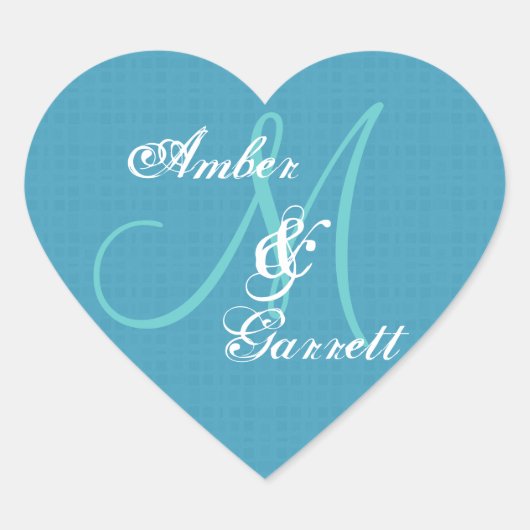 Blauw Bruiloft Damask Monogram Elk Initiaal V06 Hart Sticker (Voorkant)