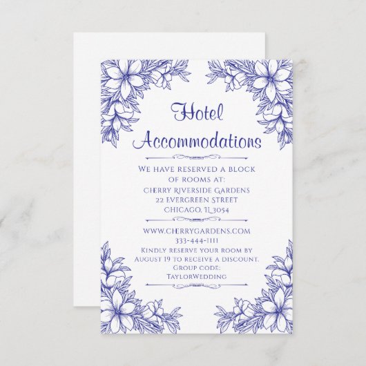 Blauw  Bruiloft Hotel Accommodatie Informatiekaartje (Voorkant / Achterkant)
