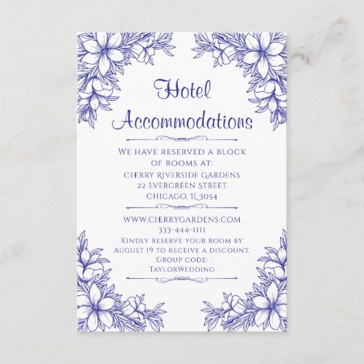 Blauw  Bruiloft Hotel Accommodatie Informatiekaartje (Voorkant)