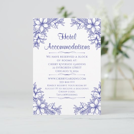 Blauw  Bruiloft Hotel Accommodatie Informatiekaartje (Staand voorkant)