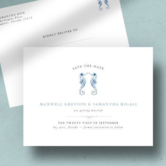 Blauw Bruiloft Waterverf Zeepaardje Save The Date Briefkaart