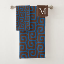Blauw &Bruin Abstract Patroon Monogram naam Bad Handdoek