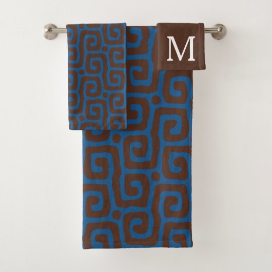 Blauw &Bruin Abstract Patroon Monogram naam Bad Handdoek (Insitu)
