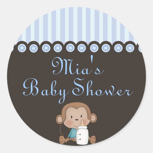 Blauw & Bruin Apenontwerp Baby Shower Sticker (Voorkant)