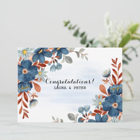 Blauw & Bruin Aquarel Bloem Congratulatie Kaart (Staand voorkant)