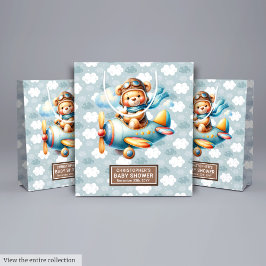Blauw Bruin Beer Baby shower Gift Bag met Naam Medium Cadeauzakje