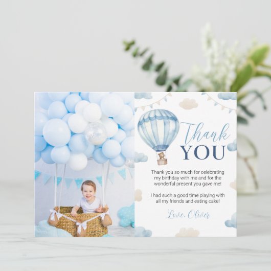 Blauw Bruin Beer Jongen Verjaardagsfoto Dank u kaa Bedankkaart (Staand voorkant)