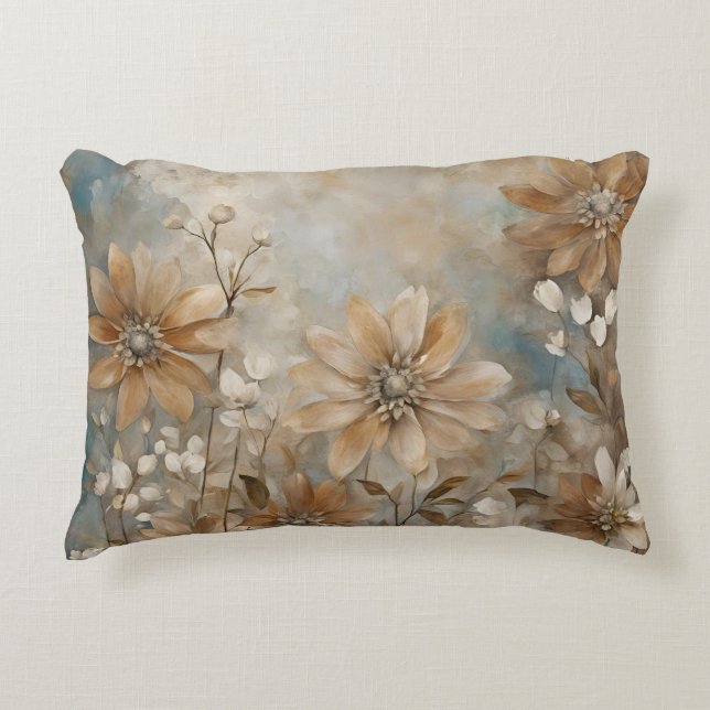 Blauw Bruin Beige Boerderij Bloemen Accent Kussen (Voorkant)