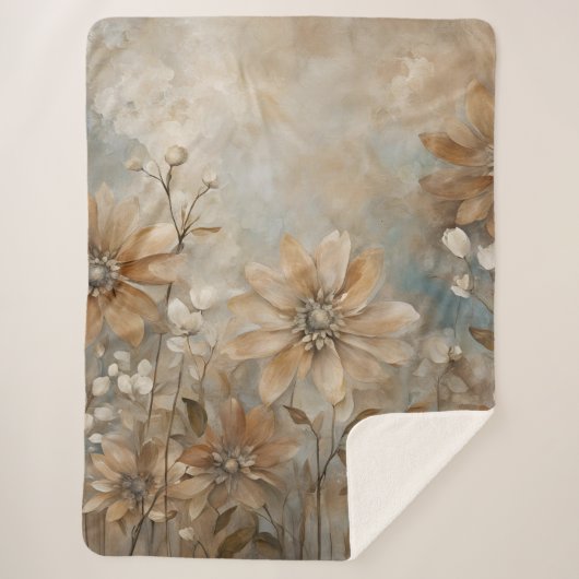 Blauw Bruin Beige Boerderij Bloemen Sherpa Deken (Voorkant)