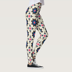 Blauw Bruin Bloemmotief Geometrisch Patroon Leggings