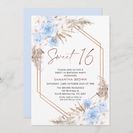 Blauw Bruin Boho Pampas Gras Zoet 16 Verjaardag Kaart (Voorkant / Achterkant)