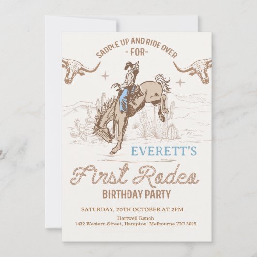  blauw bruin cowboy rodeo 1e verjaardag kaart (Voorkant)