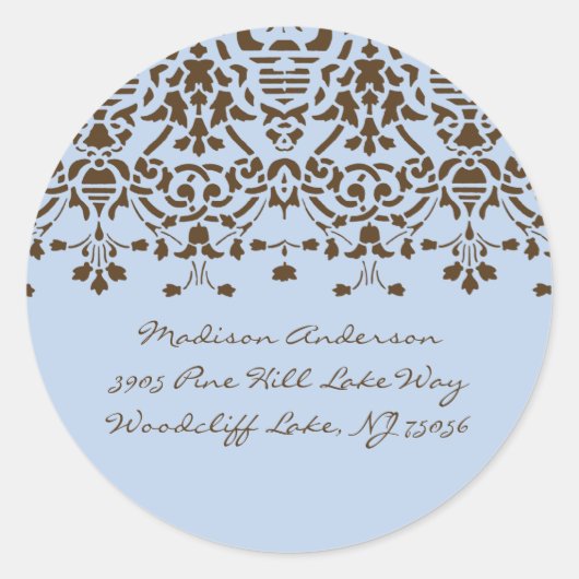 Blauw & Bruin Damask Adreslabel Ronde Sticker (Voorkant)