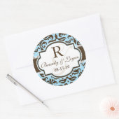 Blauw & Bruin Damast Bruiloft Ronde Sticker (Envelop)