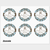 Blauw & Bruin Damast Bruiloft Ronde Sticker (Vel)