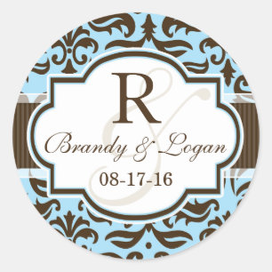 Blauw & Bruin Damast Bruiloft Ronde Sticker
