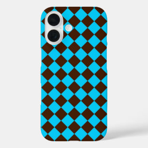Blauw Bruin Diamant Schachbrett Patroon iPhone 16 Hoesje