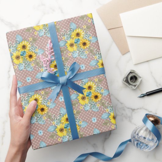 Blauw, bruin en geel zonnebloemarrangement cadeaupapier (Geschenken)