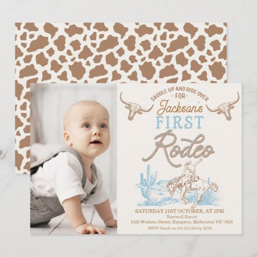  Blauw Bruin Foto Eerste Rodeo 1e Verjaardag Kaart (Voorkant / Achterkant)