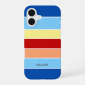 Blauw Bruin & Gele Strepen Monogram Telefoonhoes iPhone 16 Hoesje (Achterkant)