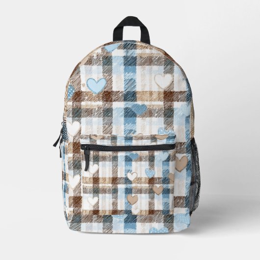 Blauw & bruin geruit hart rugzak (Voorkant)