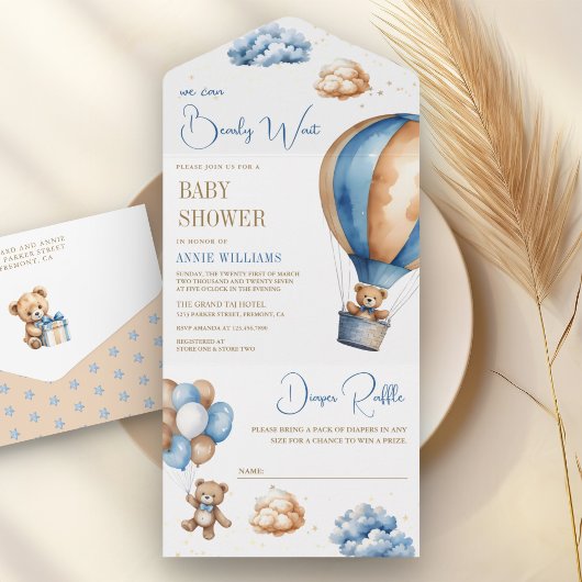 Blauw Bruin Hete Luchtballon Teddy Bear Baby showe All In One Uitnodiging