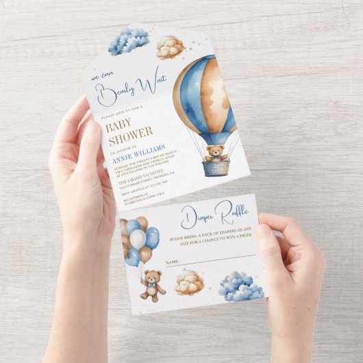 Blauw Bruin Hete Luchtballon Teddy Bear Baby showe All In One Uitnodiging (Afscheurbaar)