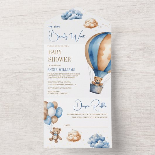Blauw Bruin Hete Luchtballon Teddy Bear Baby showe All In One Uitnodiging (Binnen)