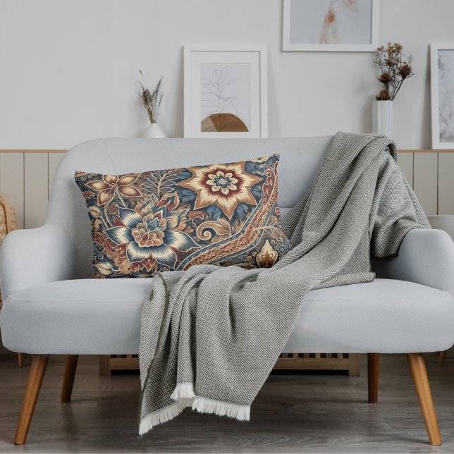 Blauw Bruin Ivoor Indonesische Batik Bloemenpatroo Kussen (Creator heeft geüpload)