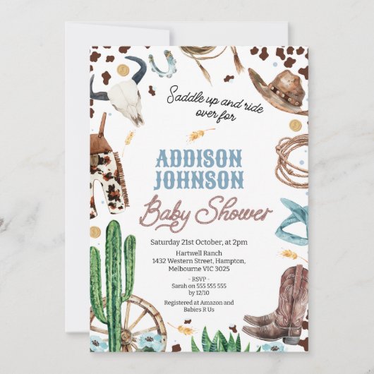 Blauw Bruin Jongens Western Rodeo Baby shower Kaart (Voorkant)