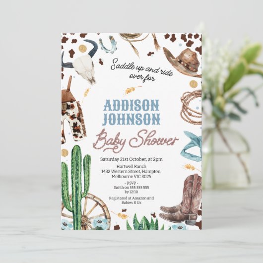 Blauw Bruin Jongens Western Rodeo Baby shower Kaart (Staand voorkant)