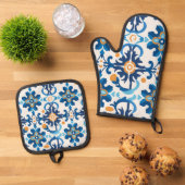 Blauw & Bruin Keukenset Ovenwant & Pannenlap Set (Top down)