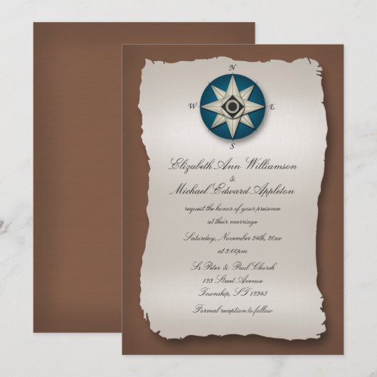 Blauw & Bruin Kompas Bruiloft Uitnodigingen (Voorkant / Achterkant)