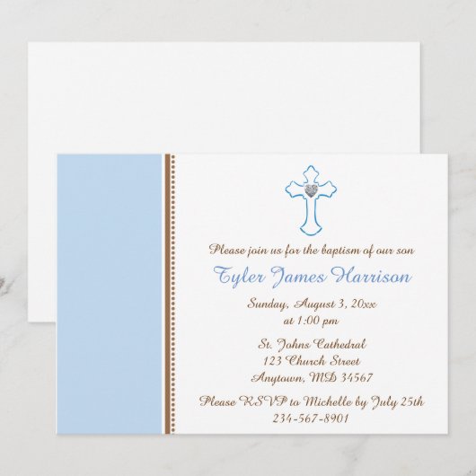 Blauw Bruin Kruis Baby Jongen Doop / Doop Kaart (Voorkant / Achterkant)
