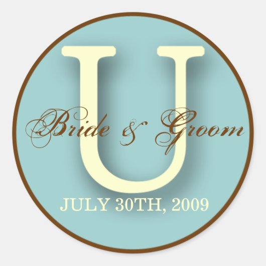 Blauw & Bruin Monogram U-Sticker Ronde Sticker (Voorkant)
