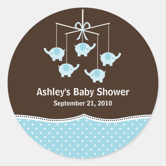 Blauw & Bruin Olifant Mobiel Baby shower Ronde Sticker (Voorkant)