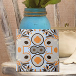 Blauw bruin Oranje boho Etnische Geometrische Patr Tegeltje<br><div class="desc">Ontwerp van een etnische decoratieve tegel met een naadloos patroon van geometrische vormen in bruine en oranje tinten op een lichtblauwe achtergrond.</div>